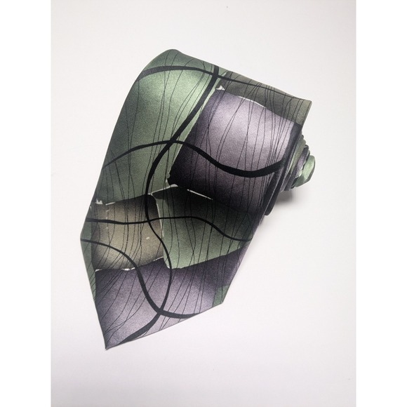 J.‎ GARCIA Men's 100% Silk XL Necktie Designer MOON MOUNTAINS Green/Black EUC - Picture 1 of 9
